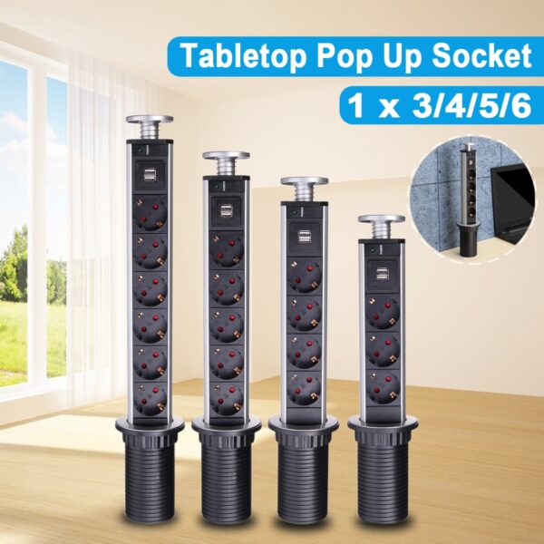 EU Plug 16A PULL UP 3/4/5/6 Power Socket 2 USB Charging Port Kitchen - Image 1